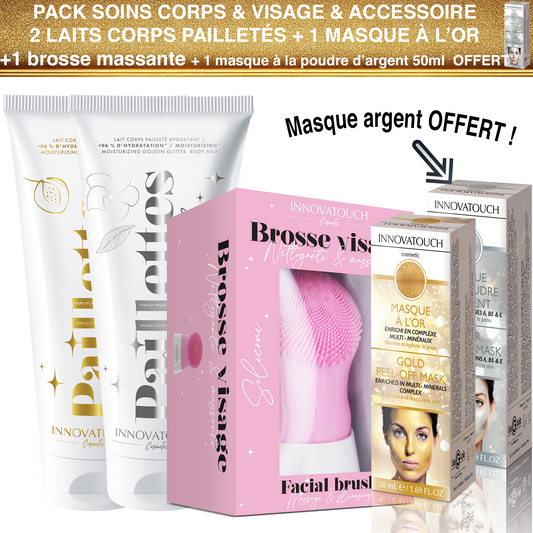 Pack Soins Accessoire Corps & Visage  Laits Corps Pailletés Abricot & Monoï + Brosse massante + Masque à l'or 50ml + 1 Masques Peel-Off argent 50ml Offert